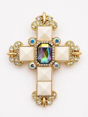 Vintage Style Cross Brooch Gold Tone AB Crystal Faux Pearl Statement Pin Ornate